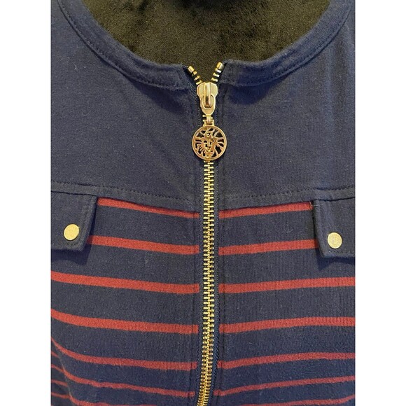 Anne Klein Petite XL Classy Navy Striped Gold Zipper Dressy Blouse Top - Picture 2 of 9